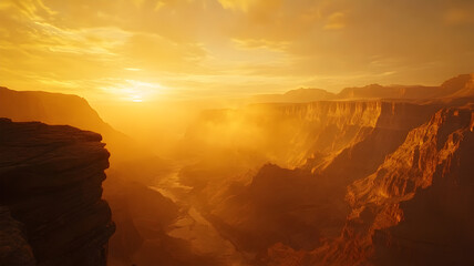 Fototapeta premium Golden Sunset Over a Majestic Desert Canyon with a Winding River