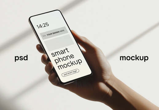 A hand holding a smartphone in a daylight setting &ndash; mockup