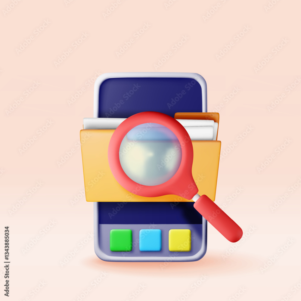 Poster 3d smartphone and search information in database. render search document files. file system manageme