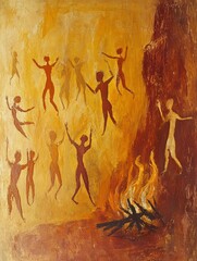 Cave painting shows dancers around a fire.
