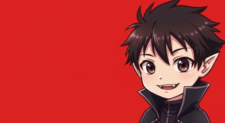 Adorable anime vampire character with black hair on red background