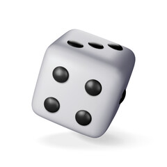 3D dice white playing cube isolated on white. Render rolling dice cube with dots icon. Idea of random choice or decision. Poker dice gambling casino, bet and sports. Vector illustration