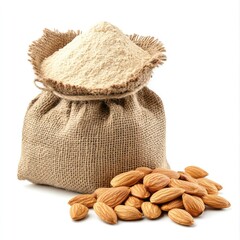 Bag of raw almonds in burlap sack with natural nuts and seeds closeup