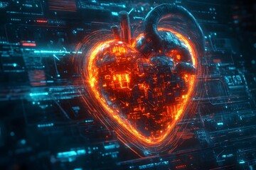 Obraz premium Futuristic Digital Heart with Glowing Circuit Patterns and Tech Elements