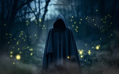 shadowy figure in a cloak standing, hooded figure in mystical forest