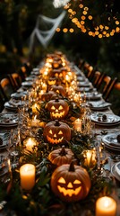 Illuminated Jack-o'-Lanterns Adorn a Festive Halloween Table Setting.