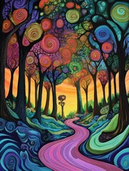 Obraz premium Colorful whimsical forest path sunset dreamscape