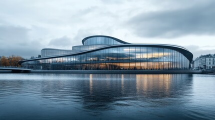 Obraz premium Modern glass waterfront building sunset reflection city