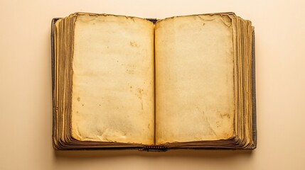 Fototapeta premium Antique open book with blank pages and weathered cover on a neutral background