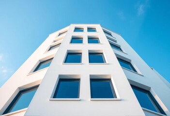 Geometric white facade, blue windows, clear sky, texture, daytime