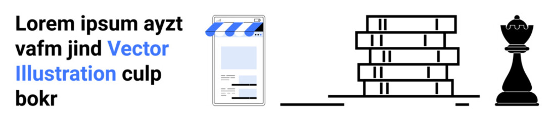 Smartphone store app, stack of books, and chess piece highlight online shopping, learning, and decision strategies. Ideal for education, entrepreneurship, e-commerce, strategy leadership