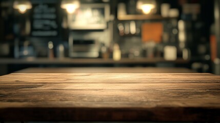 Fototapeta premium A blurry kitchen scene with a wooden tabletop. Perfect for showing off products or designs. 