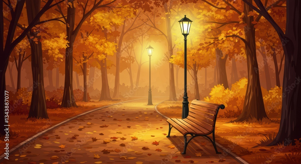 Poster autumn park pathway with empty bench and lanterns illuminating fall foliage