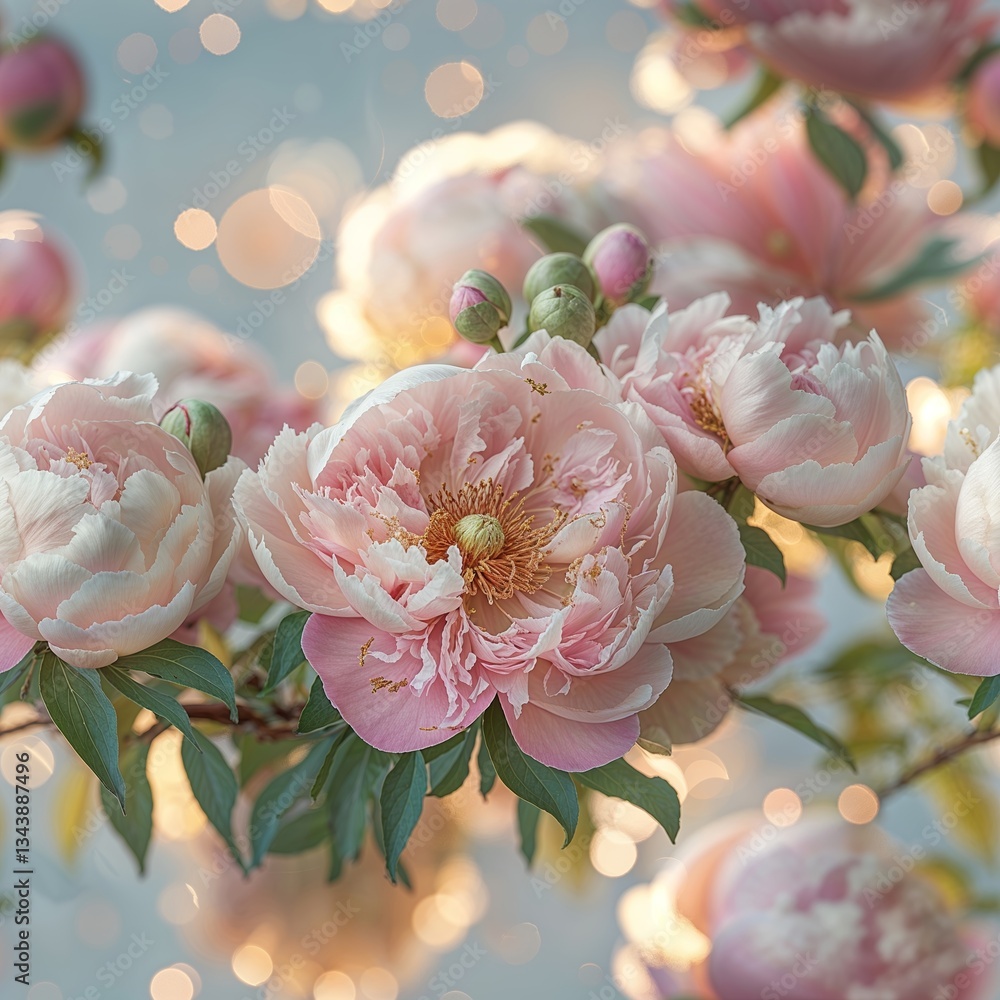 Poster beautiful pink peonies in bloom with soft bokeh background in a serene garden setting