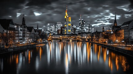 Fototapeta premium Frankfurt city skyline reflected in the Main river at twilight
