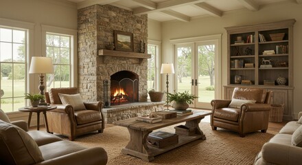 Fototapeta premium Cozy Living Room with Stone Fireplace and Rustic Wood Accents