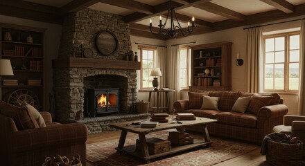 Obraz premium Cozy Living Room with Stone Fireplace and Warm Ambiance Design