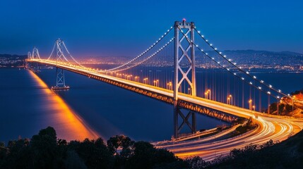 A bridge with many sides, lit up at night, against a blue sky.  The lights illuminate the road below.
