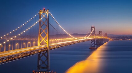 Obraz premium A bridge with many sides, lit up at night, against a blue sky. The lights illuminate the road below. 