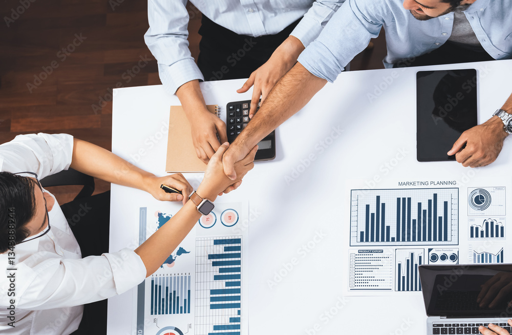 Aufkleber top view diverse office employee worker shake hand after making agreement on strategic business mark