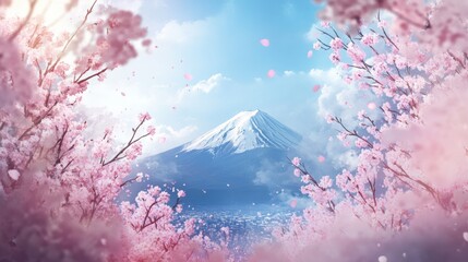 A breathtaking view of Mount Fuji in the distance, framed by fully bloomed cherry blossom trees in the foreground.