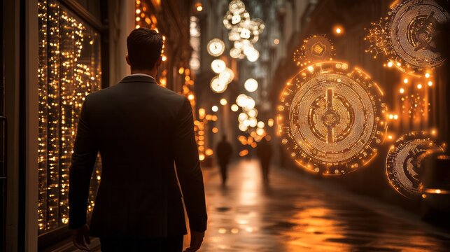 Businessman walking on a street with augmented reality interface