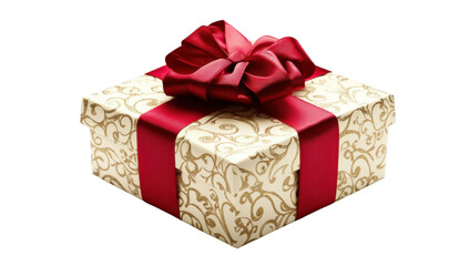 Obraz premium Elegant gift box with red ribbon and gold swirl pattern on a transparent background Festive present for Christmas, birthday, or special occasion
