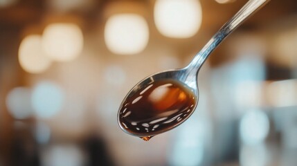 Close-up of a Spoon with Glorious Honey Dripping Off the Edge