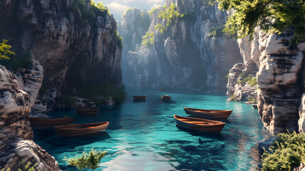 Wooden Boats Floating on a Crystal-Clear River Between Rocky Cliffs