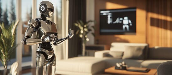Chrome robot in modern living room.