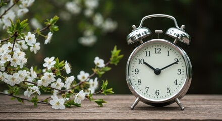 Vintage alarm clock on wooden table with blooming cherry blossoms in springtime garden