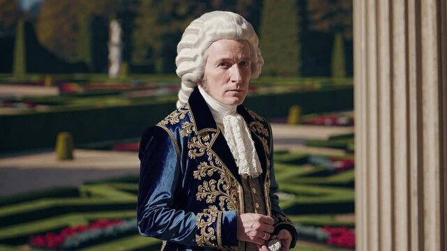 An Elegantly Dressed Male Historical Figure, Likely in His 40s, Standing in a Gardenscape with Classical Architecture Background, Evoking a Sense of Elegance and Timelessness