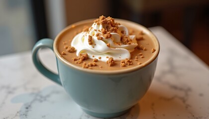 "A dalgona coffee with whipped cream and gingerbread crumbs, in a ceramic cup, on a marble countertop, soft lighting"