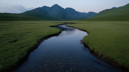 Obraz premium Serene mountain stream meandering through lush valley