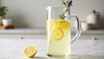 "A sparkling lavender lemonade with lemon slices, in a glass pitcher, on a marble countertop, soft lighting"