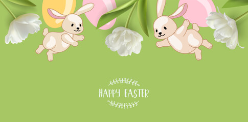 Easter background. Cute bunnies jump between Easter painted eggs and beautiful white flowers