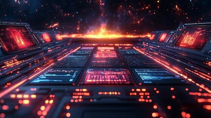 Futuristic spacecraft control panels surrounded by a cosmic nebula backdrop