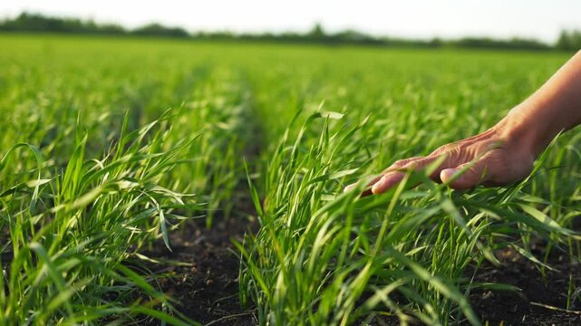 male hand touching young green corn plants ay sunset slow motion. growing sweet corn, agriculture, farming