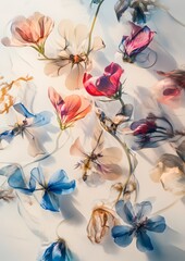  ethereal pressed flower compositions featuring delicate, translucent blooms in vibrant blues, corals, purples, and whites arranged against a light background. Generative AI