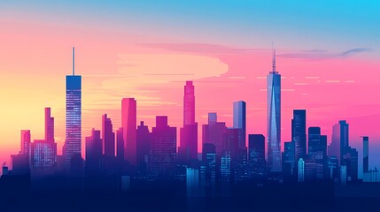 Fototapeta premium A city skyline at sunset, shown in pink and blue. Tall buildings and skyscrapers are depicted. 