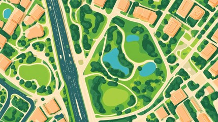 Obraz premium Aerial view of a vibrant urban park with winding paths, ponds, and surrounding residential buildings