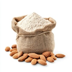 A burlap sack of natural brown almonds, a healthy vegetarian snack
