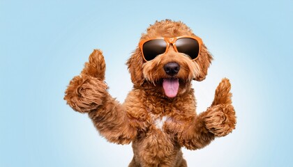 A golden doodle wearing sunglasses giving two thumbs up; a happy dog with tongue out giving thumbs up; happy and cool cute dog wearing glasses