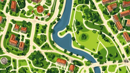 Aerial view of a vibrant park with winding river, surrounded by greenery and urban architecture in the background