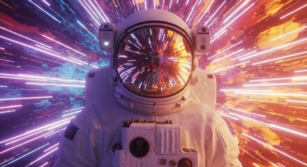Fototapeta premium Astronaut in hyperspace with colorful abstract light trails in futuristic sci-fi scene