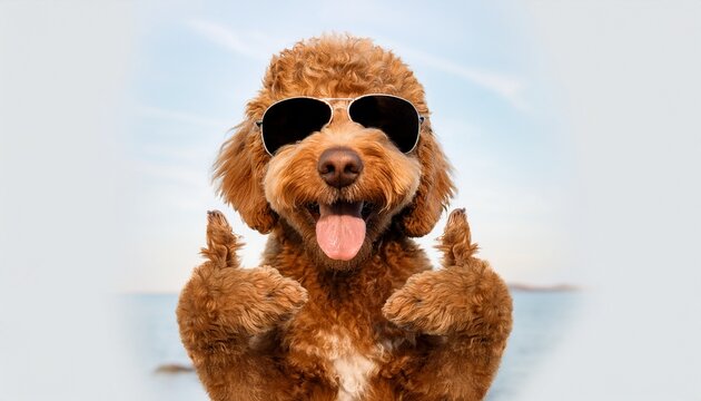 A golden doodle wearing sunglasses giving two thumbs up; a happy dog with tongue out giving thumbs up; happy and cool cute dog wearing glasses