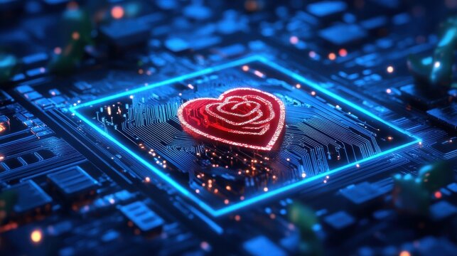 Digital Heart Glowing on Circuit Board Technology Love Valentines Day