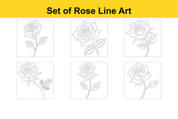 Minimalist Rose Outline with Leaves Hand-Drawn Vector Set