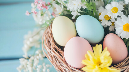 Easter basket with pastel eggs and yellow flowers, springtime decor with soft colors, festive celebration