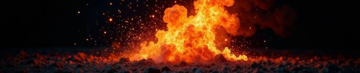 Fiery explosion bursting on black backdrop with dynamic sparks and flames, background, sparks